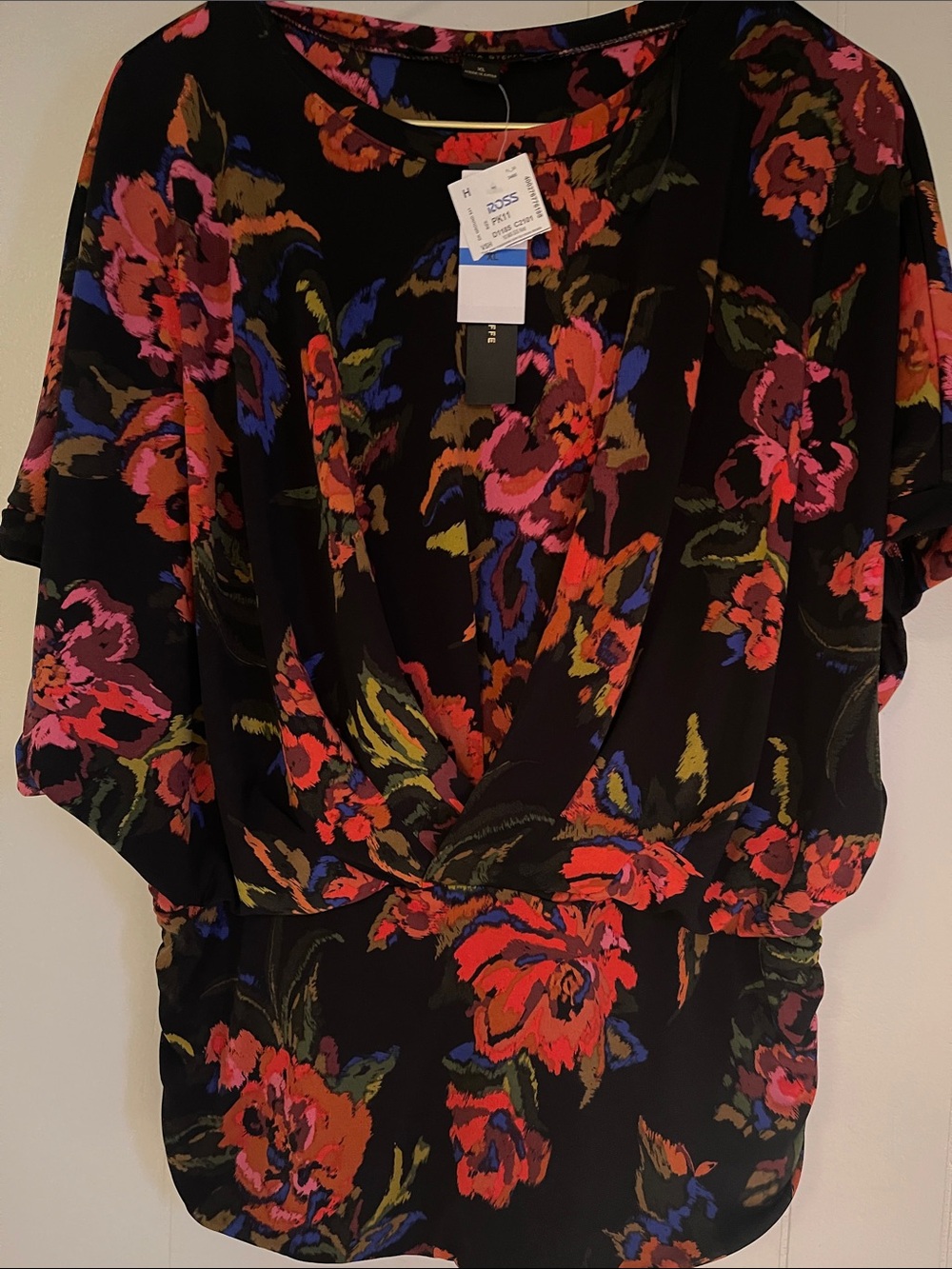 Cynthia Steffe Black Floral Wrap-Front Blouse with Red Pink and Blue Accents